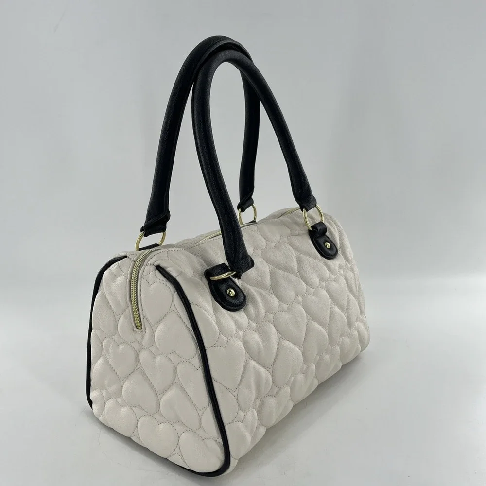 Betsey Johnson Quilted Heart Barrel Satchel Bag Ivory Black Purse Gold Floral